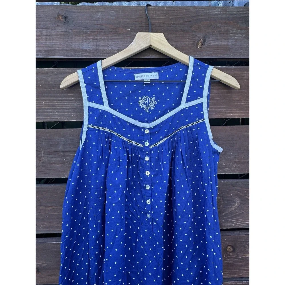 Eileen West Blue Polka Dot Nightgown Size Small